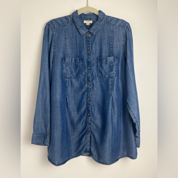 J. Jill Denim Blue Chambray Chest Pockets Button Down Blouse Top Large Petite - Picture 2 of 10